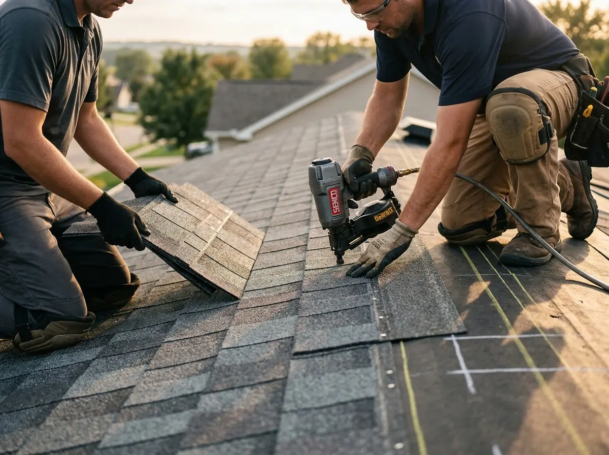 Professional roofer working on a residential roof in Madeira